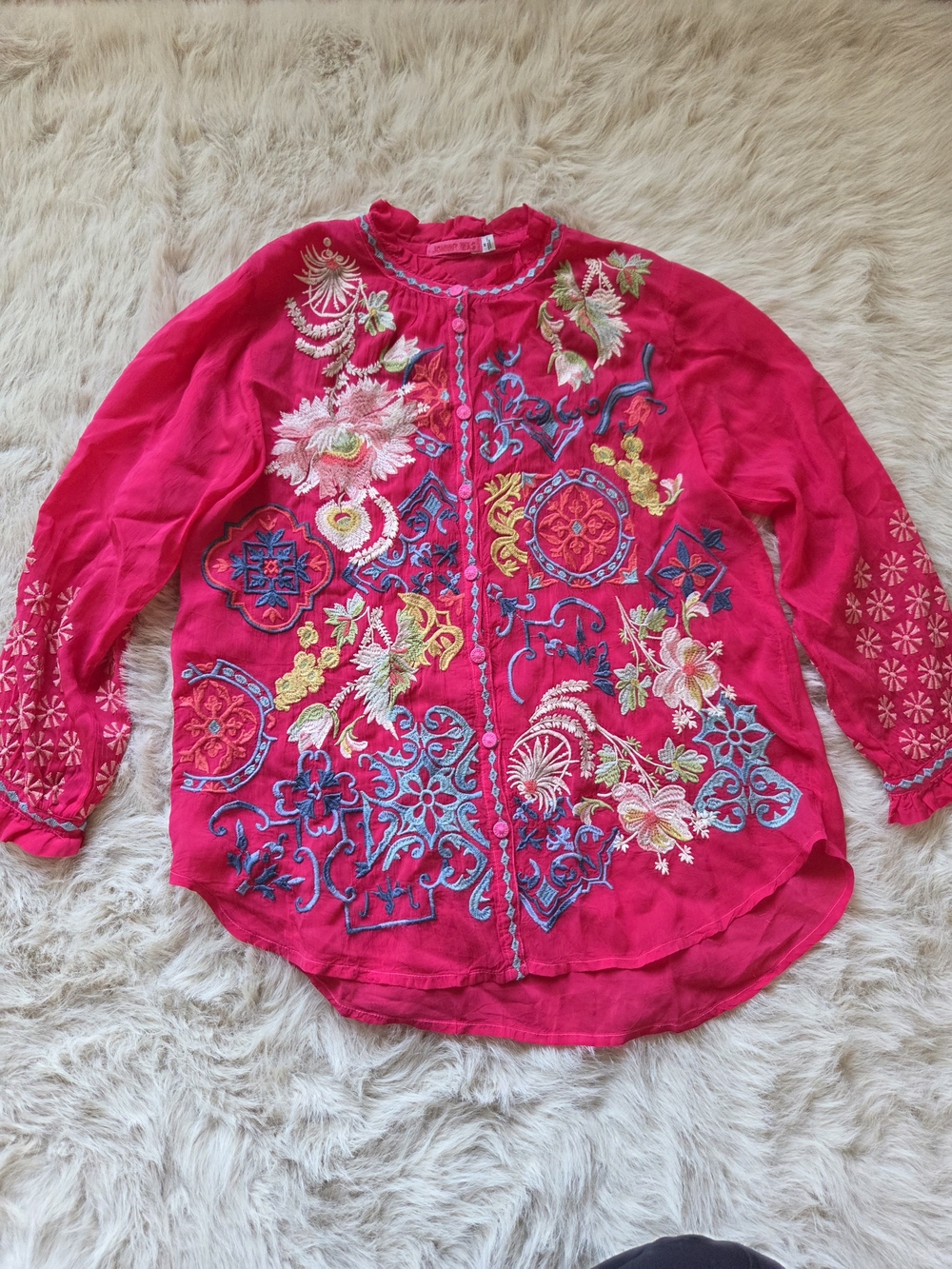 Johnny Was Maisie Embroidered Floral Button-Front Women's Top - Bright Pink